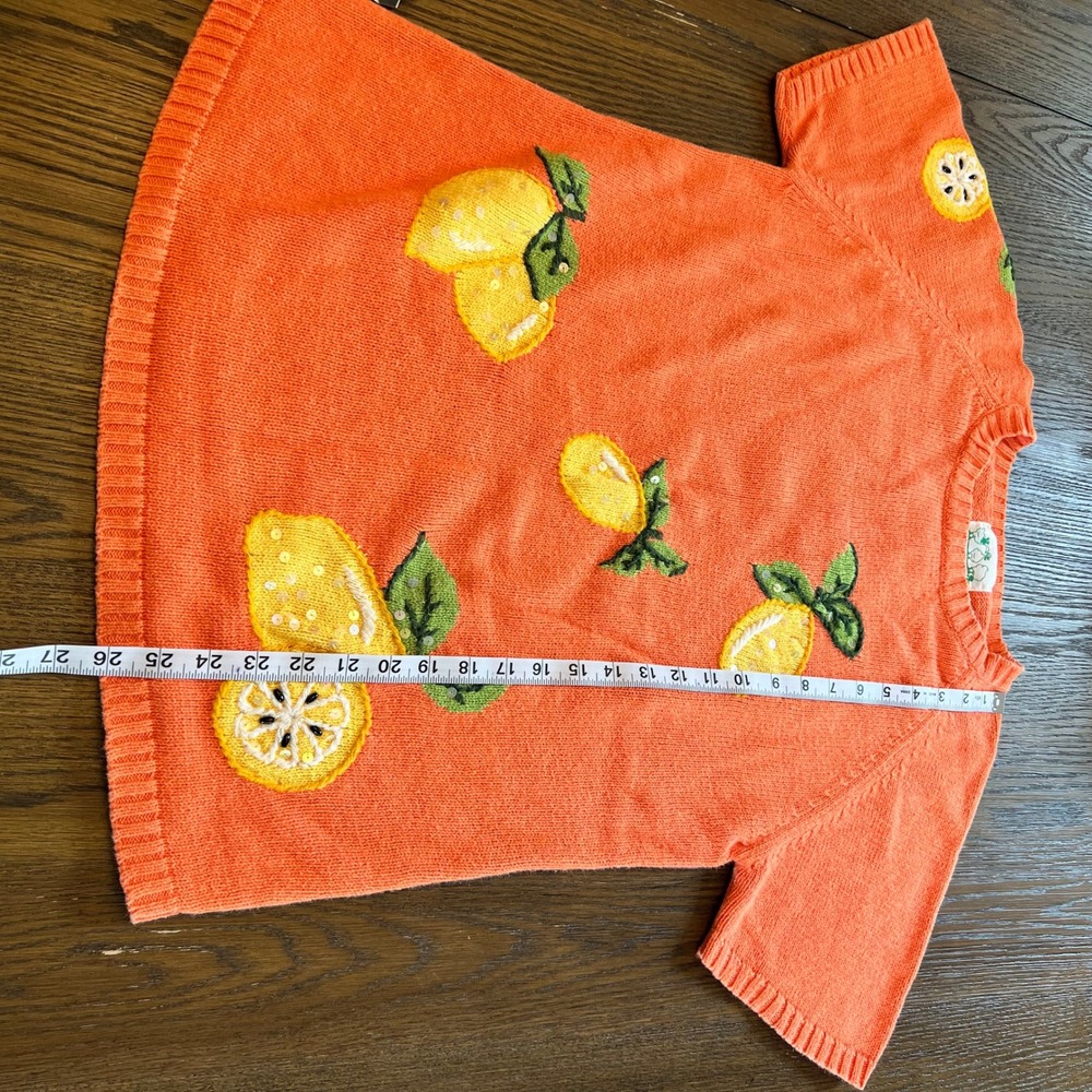 Quacker Factory Knit Top Ramie Cotton Lemon Applique Cottagecore Orange M - Picture 8 of 9